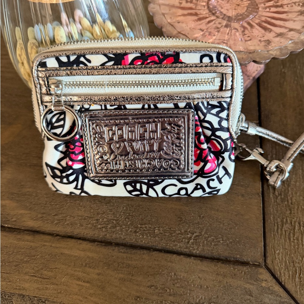 Coach White Graffiti Wristlet with Black & Pink Accents